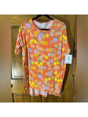 LuLaRoe Irma Tunic Top Shirt Fitted Sleeves High Low Loose Orange Blue Small NWT